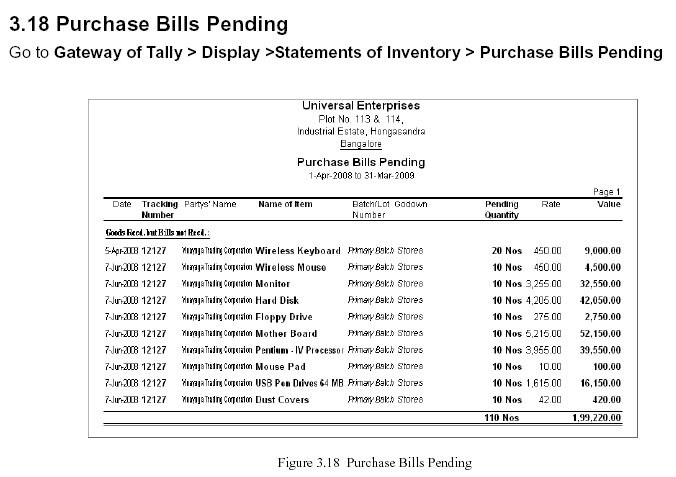 'Purchase Bill Pending' Report @Tally.ERP 9